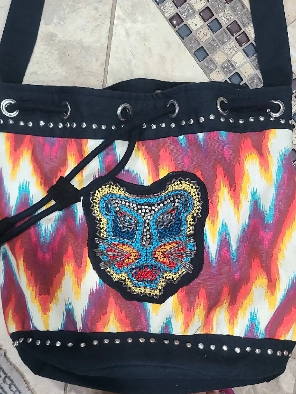 Zara Multicolor Zigzag Hobo Shoulder Bag with Black Trim